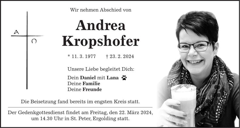 Traueranzeige Andrea Kropshofer