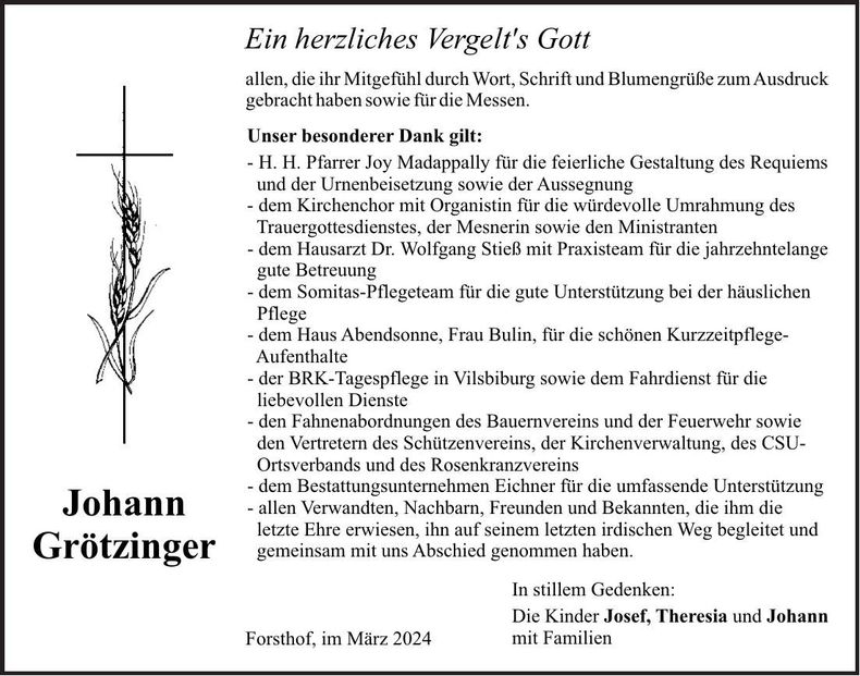 Traueranzeige Johann Grötzinger