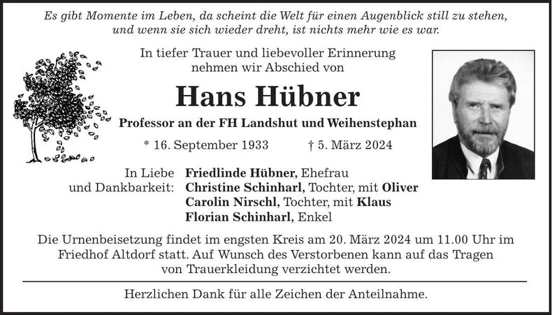 Traueranzeige Hans Hübner