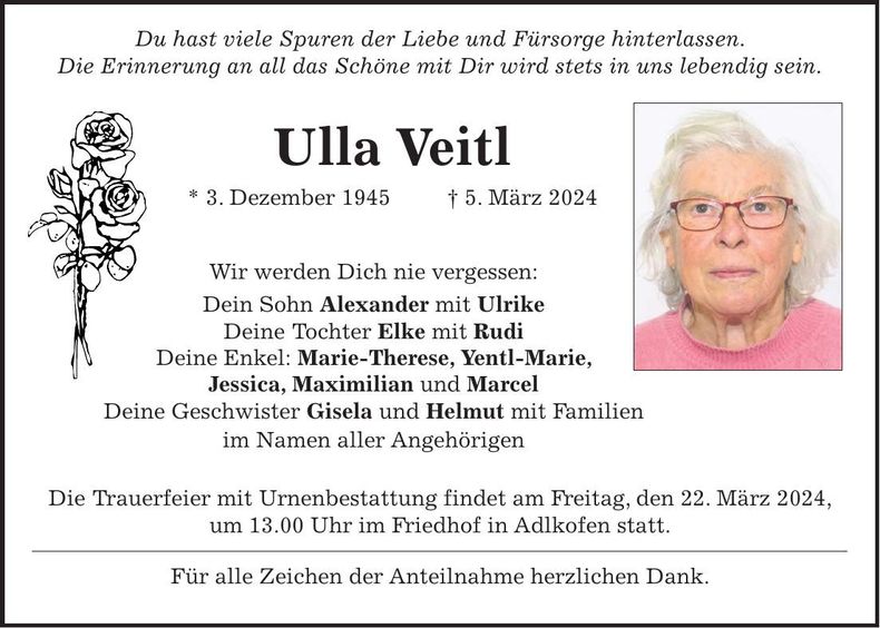 Traueranzeige Ulla Veitl