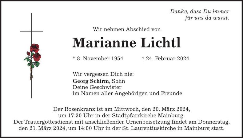 Traueranzeige Marianne Lichtl