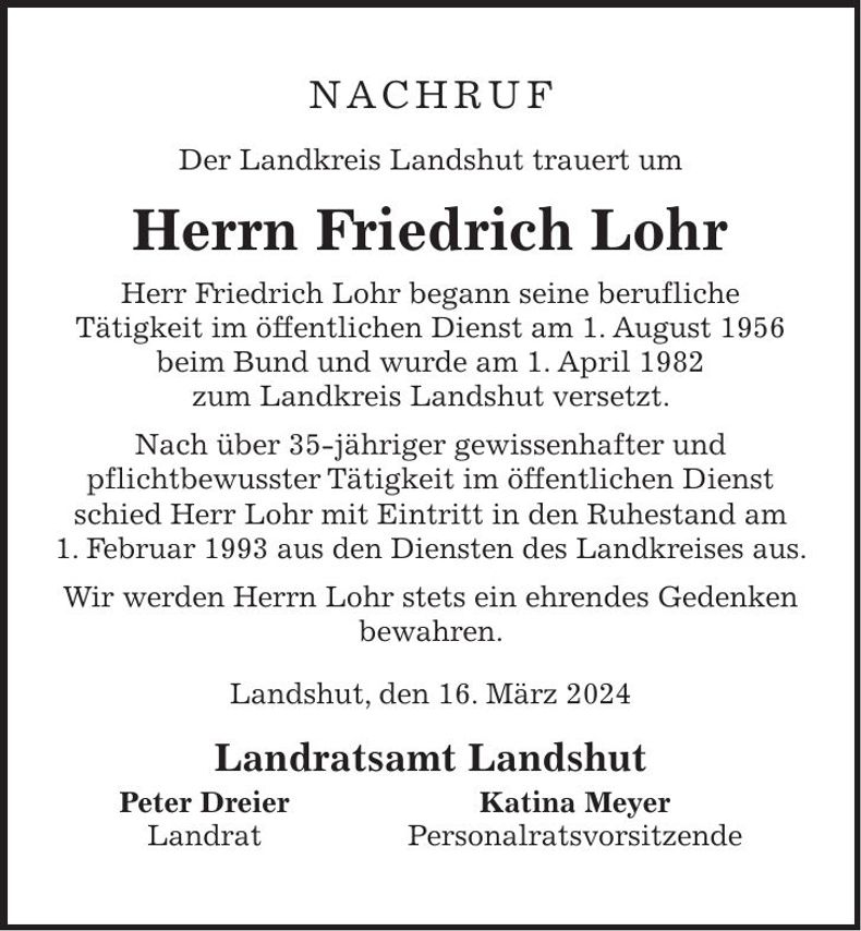 Traueranzeige Friedrich Lohr