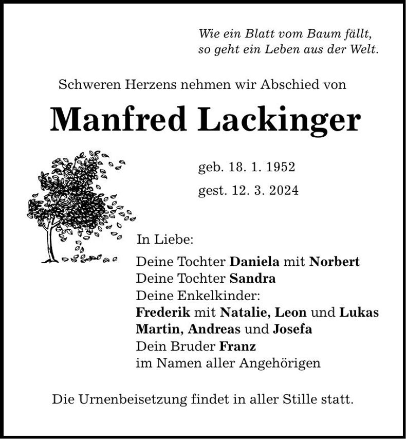 Traueranzeige Manfred Lackinger