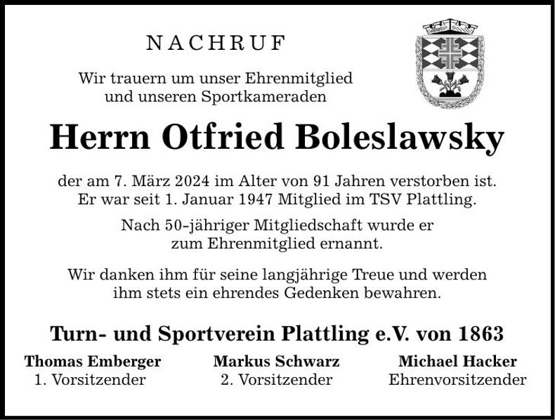 Traueranzeige Otfried Boleslawsky