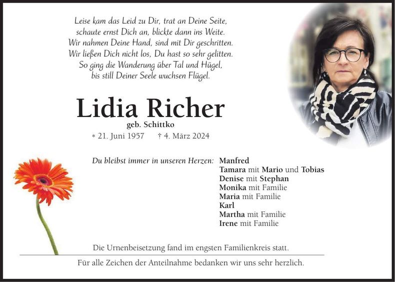 Traueranzeige Lidia Richer