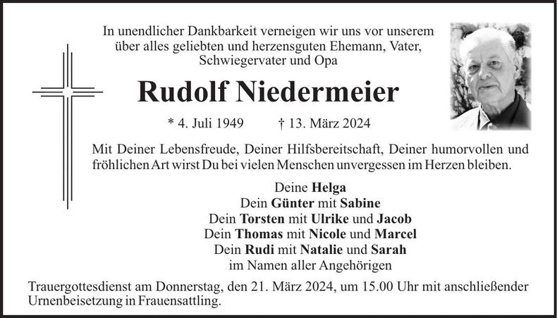 Traueranzeige Rudolf Niedermeier