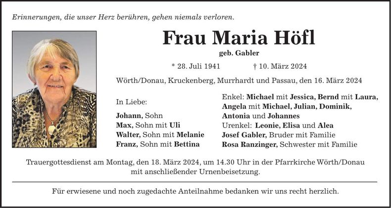 Traueranzeige Maria Höfl