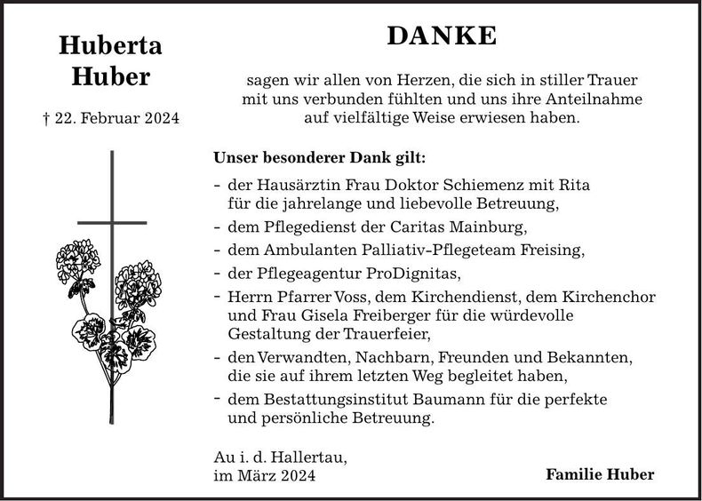 Traueranzeige Huberta Huber