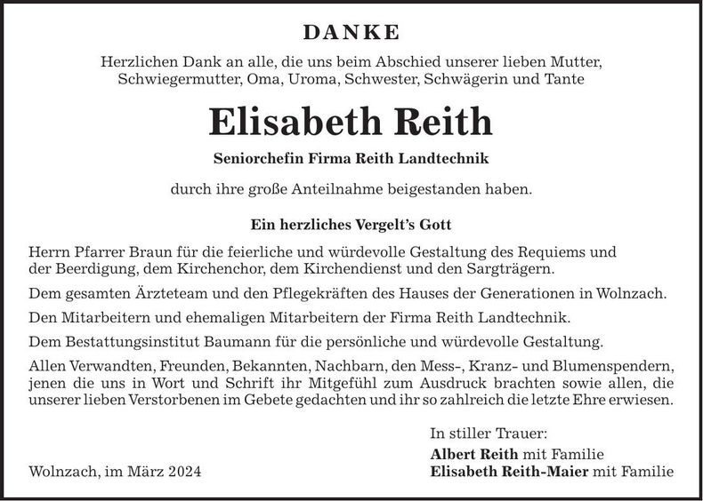 Traueranzeige Elisabeth Reith