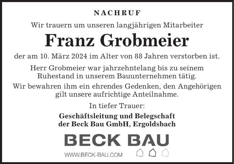 Traueranzeige Franz Grobmeier