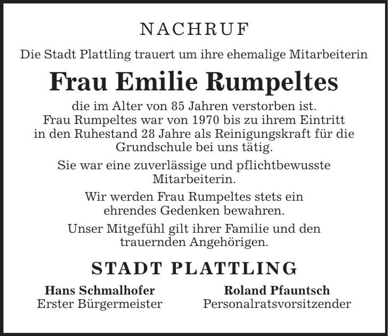 Traueranzeige Emilie Rumpeltes