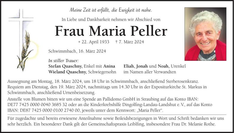 Traueranzeige Maria Peller