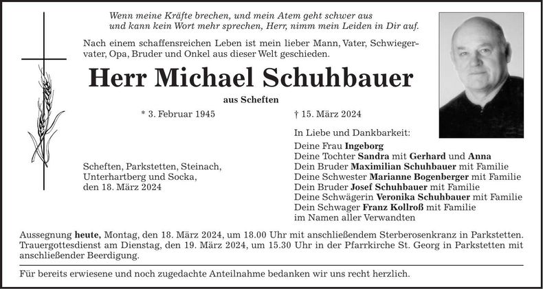 Traueranzeige Michael Schuhbauer