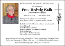 Traueranzeige Hedwig Kalb