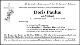Traueranzeige Doris Paulus