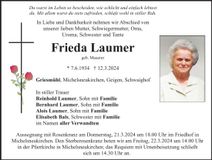 Traueranzeige Frieda Laumer
