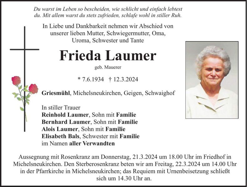 Traueranzeige Frieda Laumer
