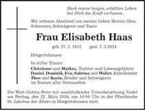 Traueranzeige Elisabeth Haas