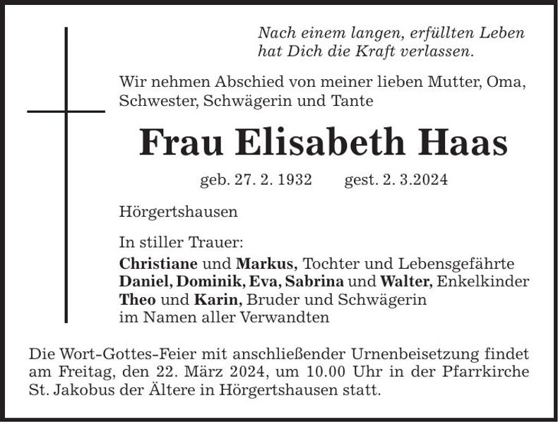 Traueranzeige Elisabeth Haas