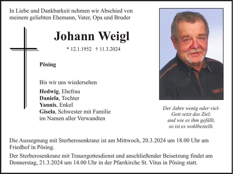 Traueranzeige Johann Weigl