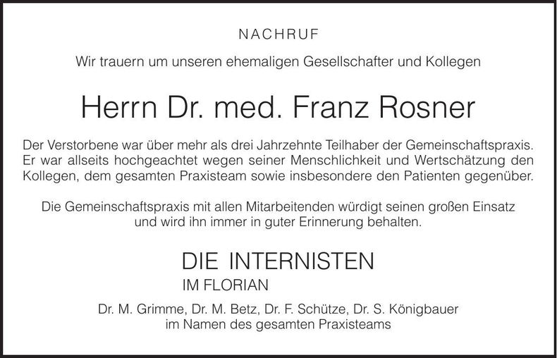 Traueranzeige Franz Rosner