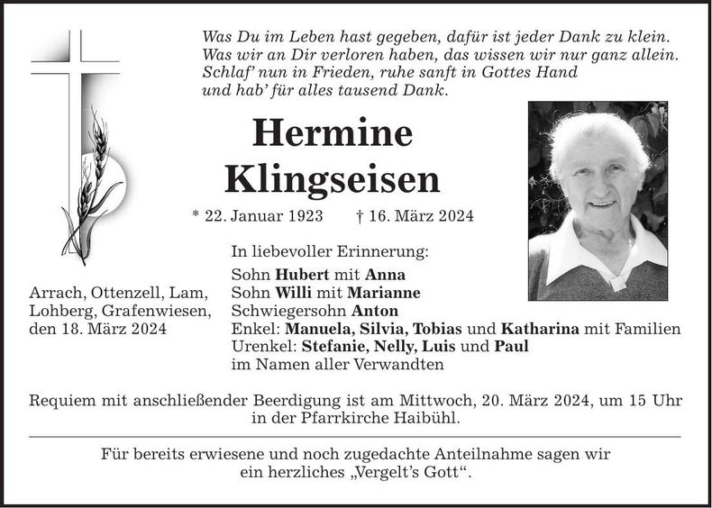 Traueranzeige Hermine Klingseisen