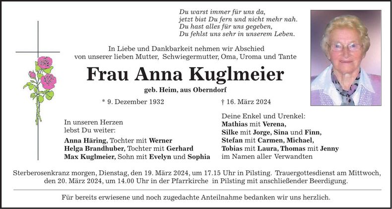 Traueranzeige Anna Kuglmeier