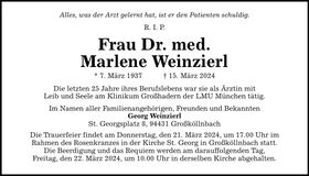 Traueranzeige Marlene Weinzierl