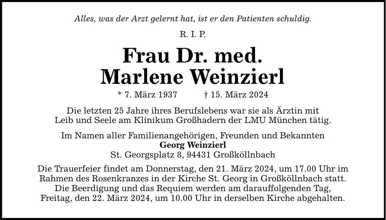 Traueranzeige Marlene Weinzierl