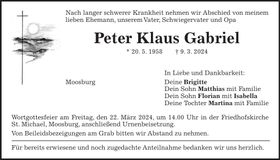 Traueranzeige Peter Klaus Gabriel
