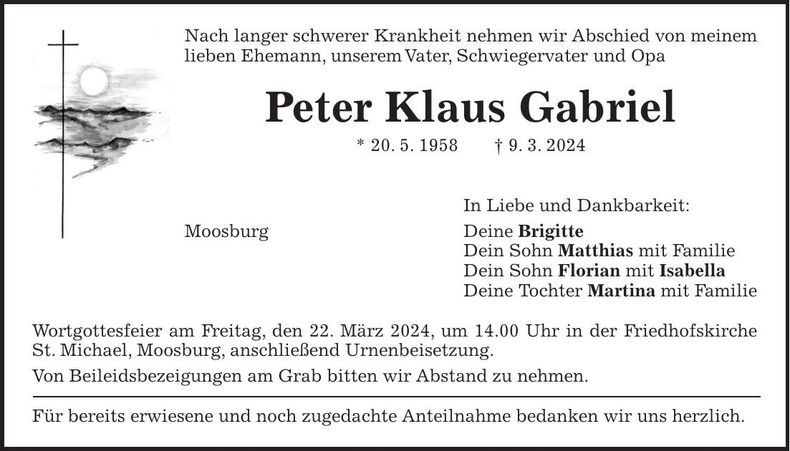 Traueranzeige Peter Klaus Gabriel