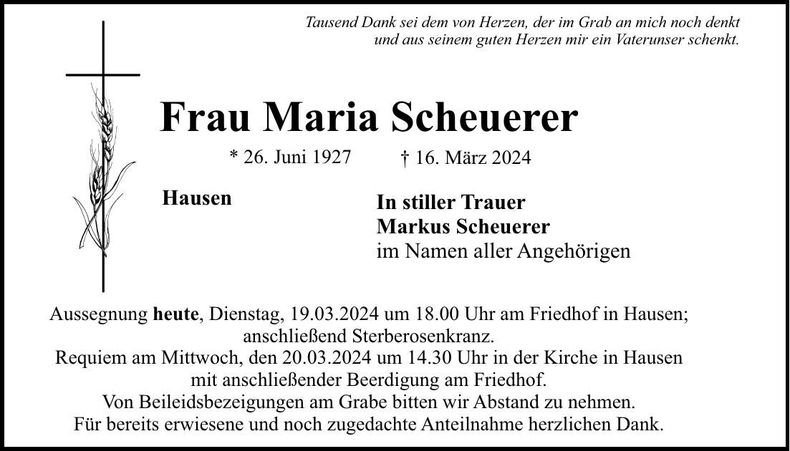 Traueranzeige Maria Scheuerer