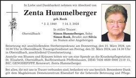 Traueranzeige Zenta Hummelberger