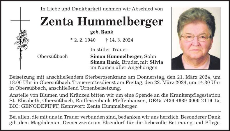 Traueranzeige Zenta Hummelberger