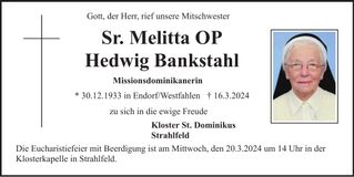 Traueranzeige Bankstahl Sr. Hedwig