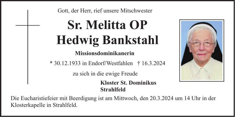 Traueranzeige Bankstahl Sr. Hedwig