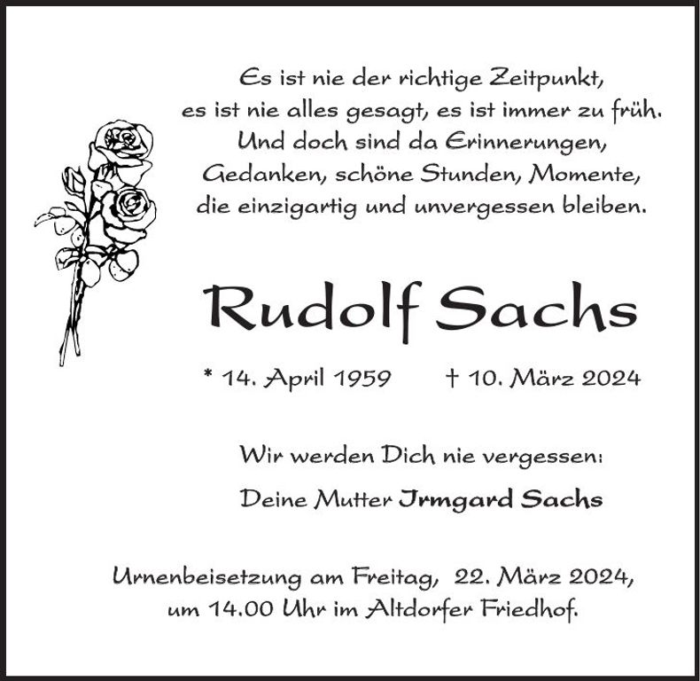 Traueranzeige Rudolf Sachs