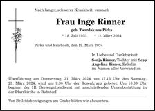 Traueranzeige Inge Ringer