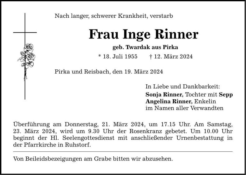 Traueranzeige Inge Ringer