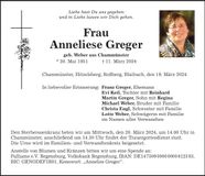 Traueranzeige Anneliese Greger