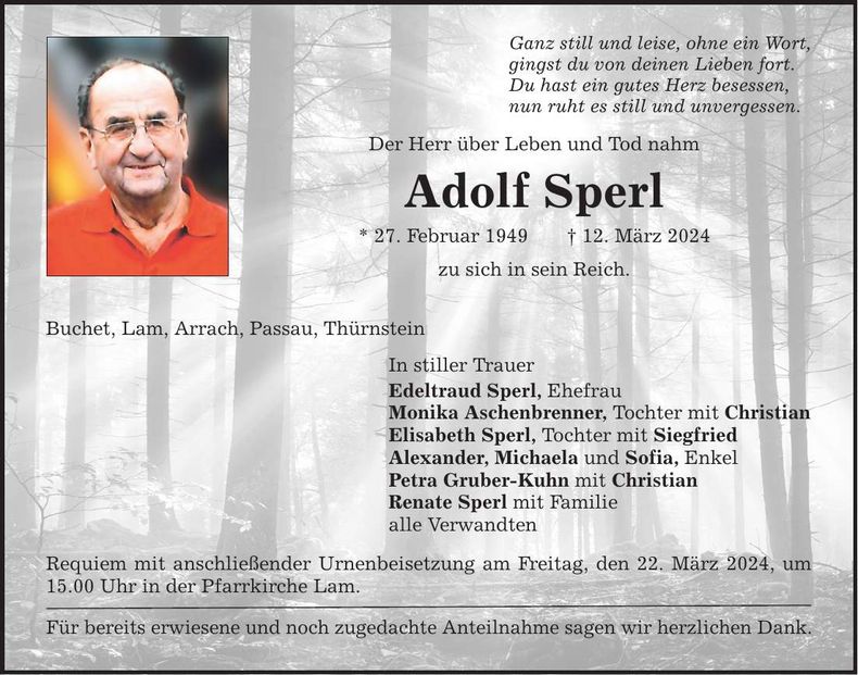 Traueranzeige Adolf Sperl