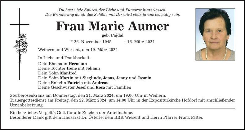 Traueranzeige Marie Aumer