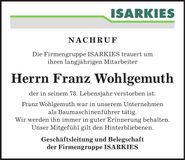 Traueranzeige Franz Wohlgemuth Franz Wohlgemuth