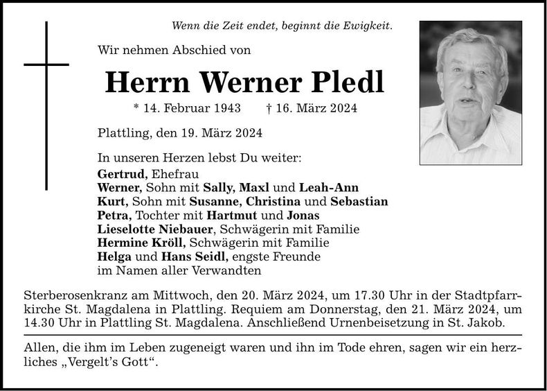 Traueranzeige Werner Pledl