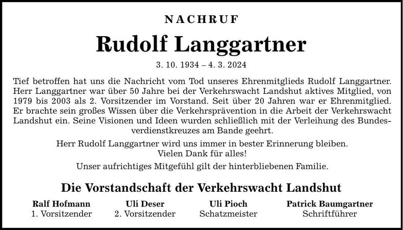 Traueranzeige Rudolf Langgartner