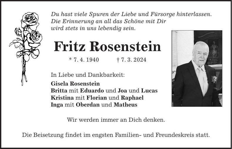 Traueranzeige Fritz Rosenstein