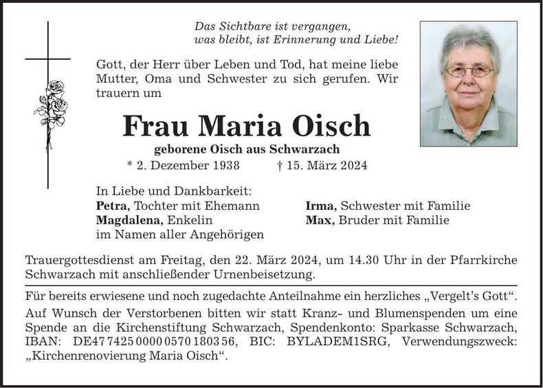 Traueranzeige Maria Oisch