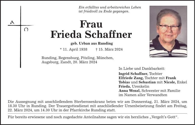 Traueranzeige Frieda Schaffner