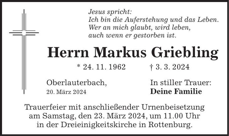 Traueranzeige Markus Griebling