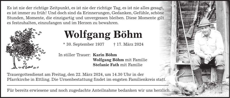 Traueranzeige Wolfgang Böhm